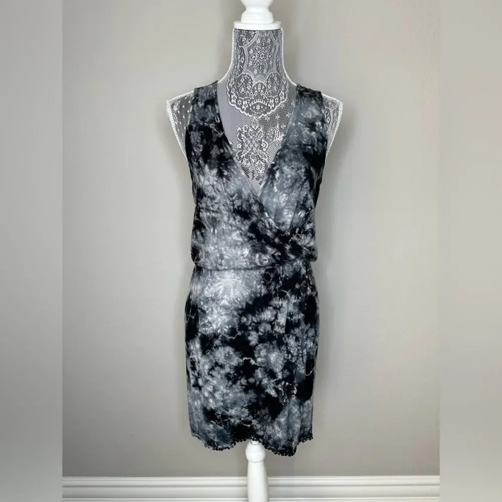 GREEN DRAGON Womens Tie Dye Wrap Front V-Neck Tank Top Dress Black Grey Size XS